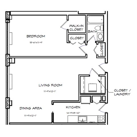 Floor plan for 1 bed, 1 bath, 822 sqft
